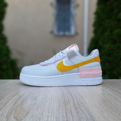 Жіночі кросівки | Nike Air Force 1 Shadow | світло-сірі з жовтим на білій | прес шкіра ODR NK20084-36 фото