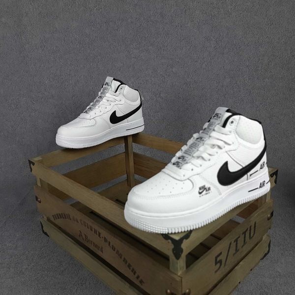 Жіночі зимові високі кросівки | Nike Air Force 1 Double Air High | білі з чорним | прес шкіра | термо ODRW NK20011-36 фото