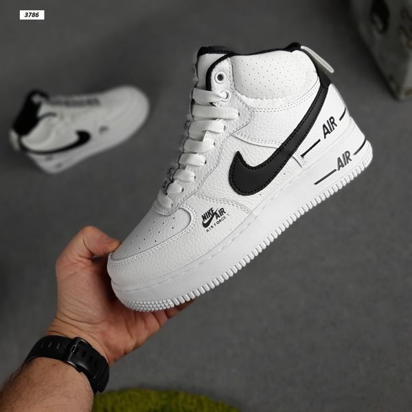 Жіночі зимові високі кросівки | Nike Air Force 1 Double Air High | білі з чорним | прес шкіра | термо ODRW NK20011-36 фото