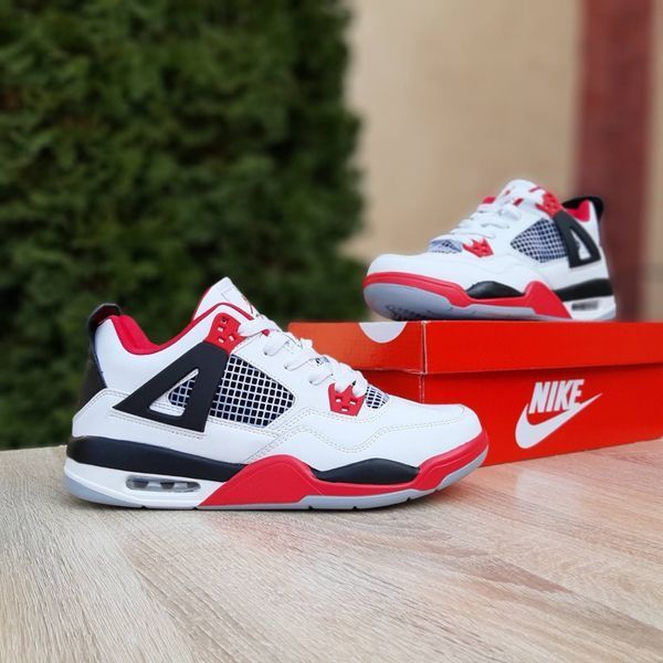 Чоловічі високі кросівки | Nike Air Jordan 4 | білі з чорним й червоним | шкіра ODR NJ10040-41 фото