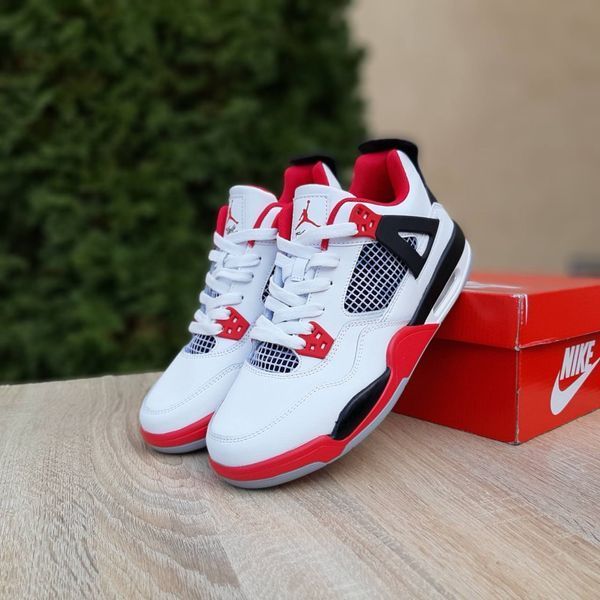 Чоловічі високі кросівки | Nike Air Jordan 4 | білі з чорним й червоним | шкіра ODR NJ10040-41 фото